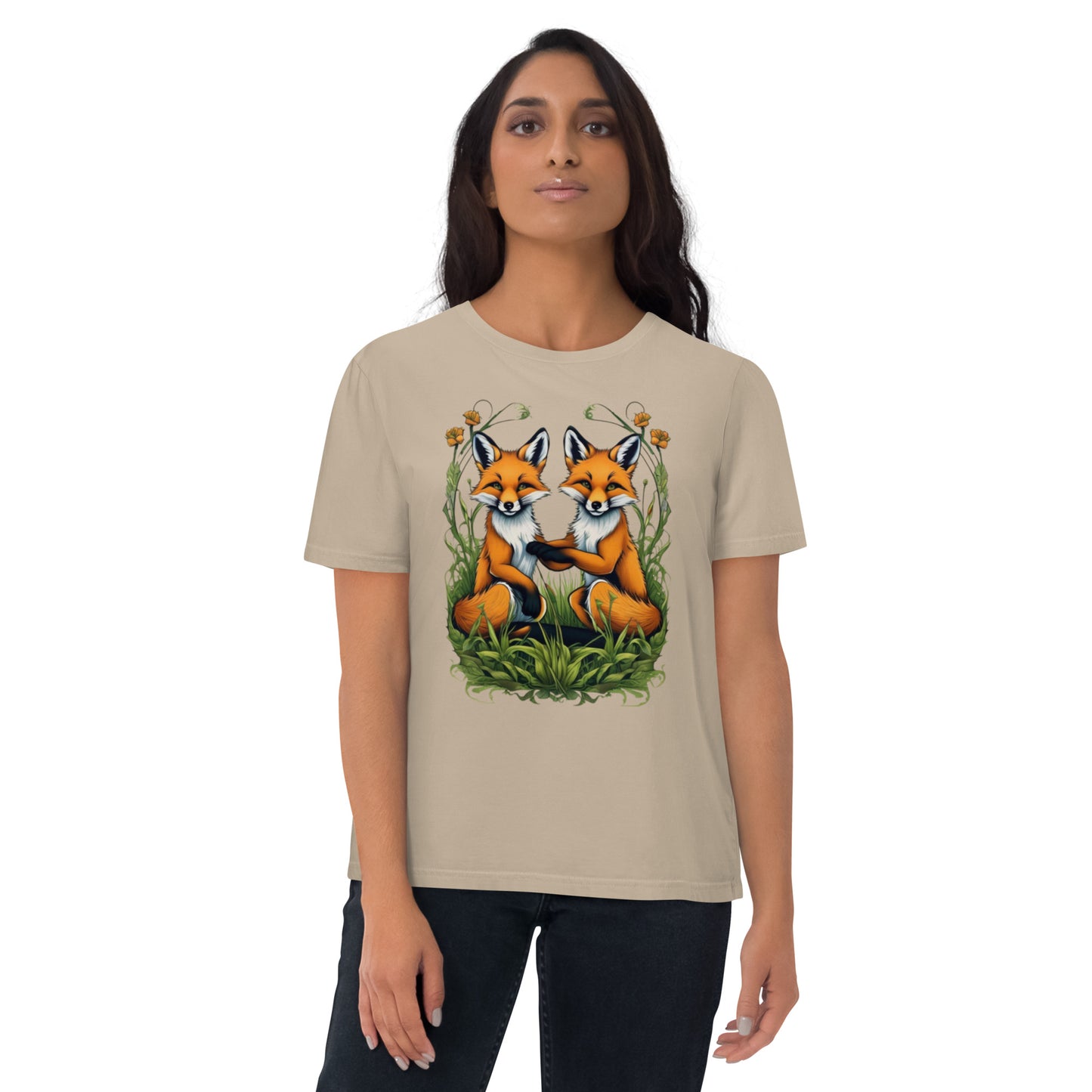 Two Red fox cubs in the grass design - Unisex fitted cotton T-Shirt