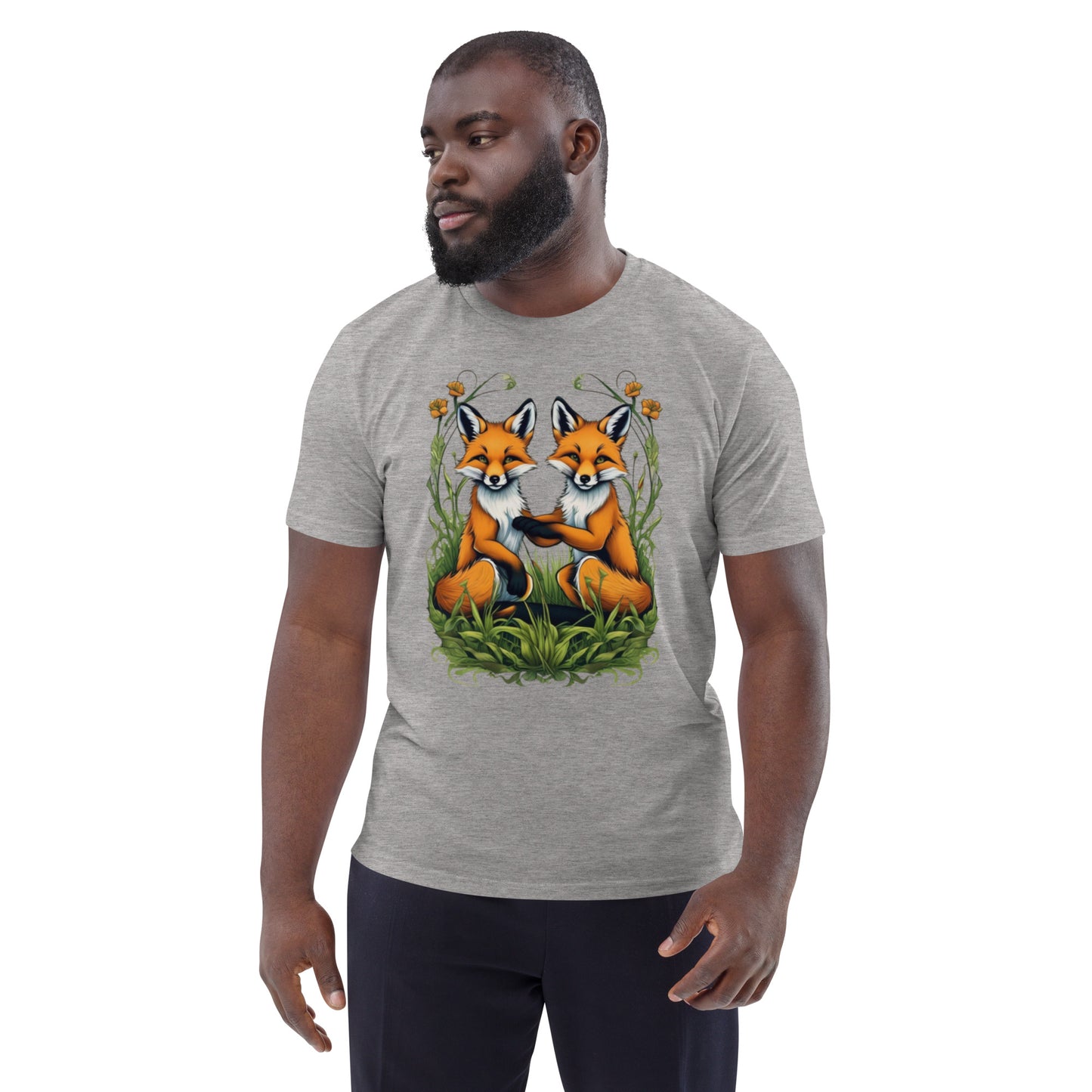 Two Red fox cubs in the grass design - Unisex fitted cotton T-Shirt