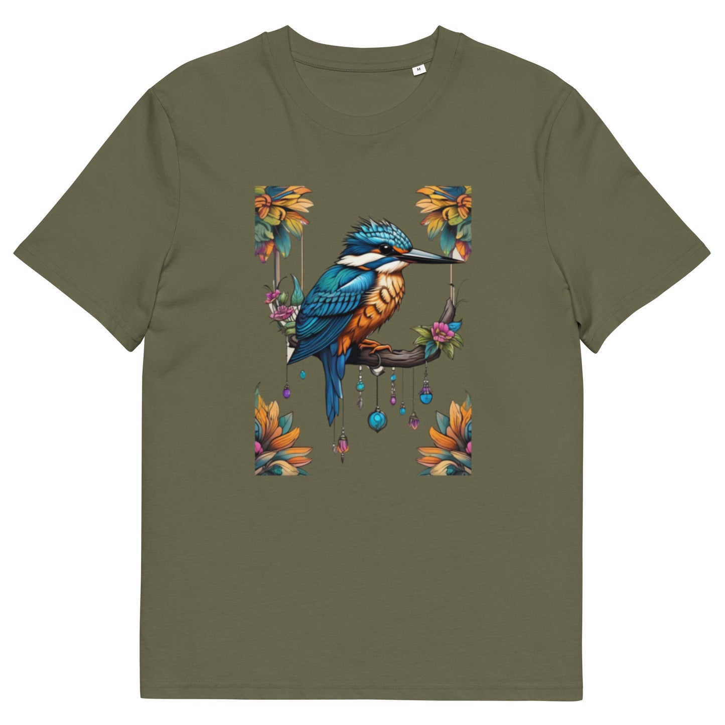 Kingfisher and flowers design - Unisex fitted cotton T-Shirt