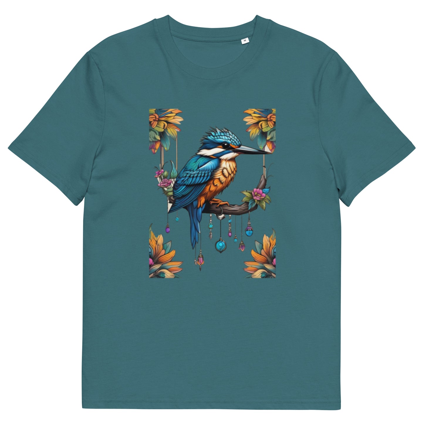 Kingfisher and flowers design - Unisex fitted cotton T-Shirt