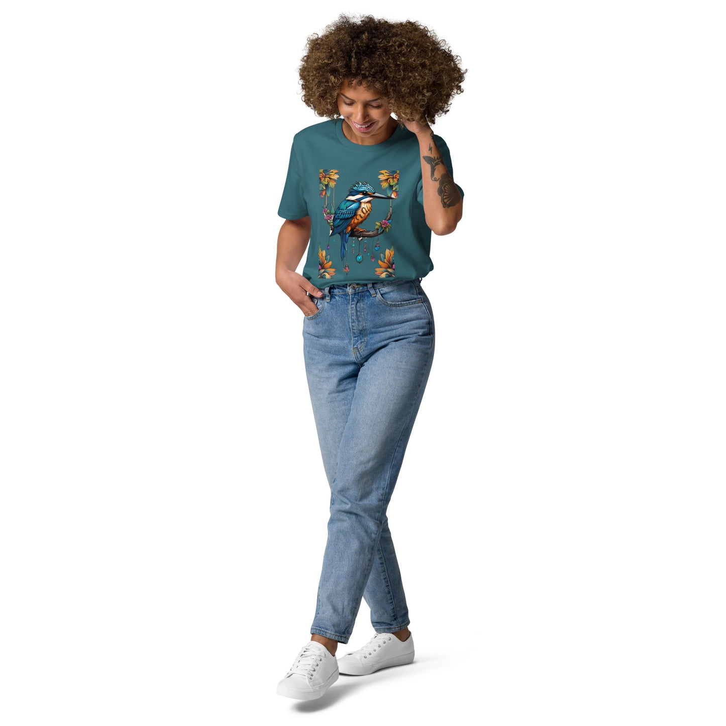 Kingfisher and flowers design - Unisex fitted cotton T-Shirt